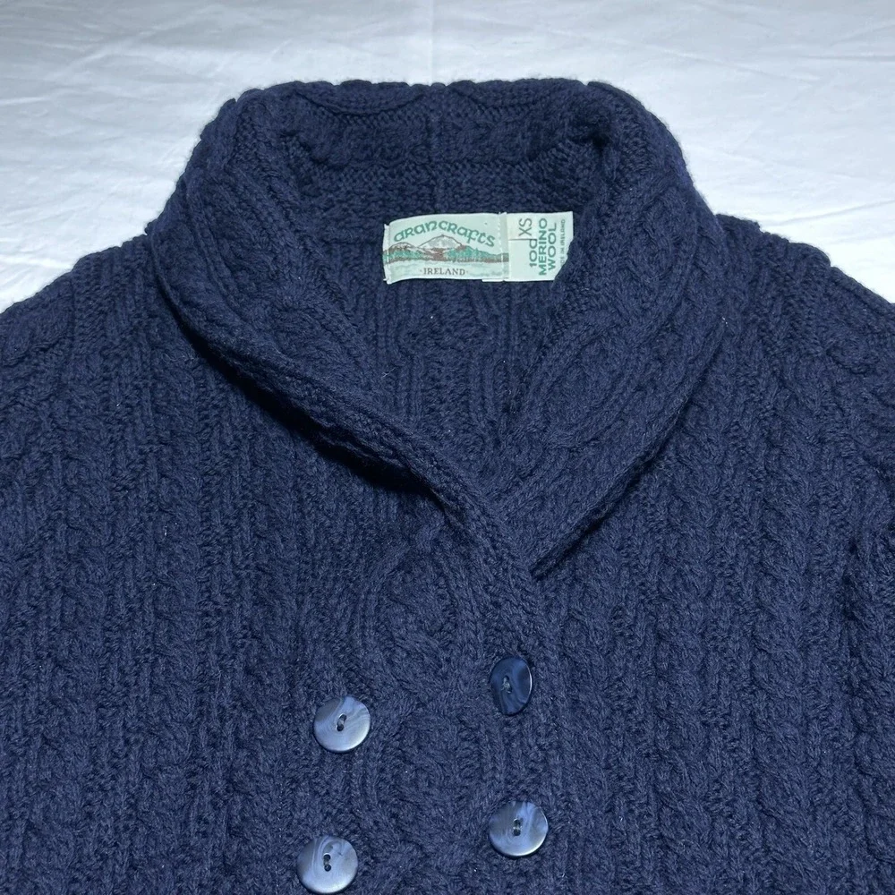 Aran Crafts Cable Knit Merino Wool Cardigan Womens XS Navy Double Breasted Shawl - Picture 5 of 13
